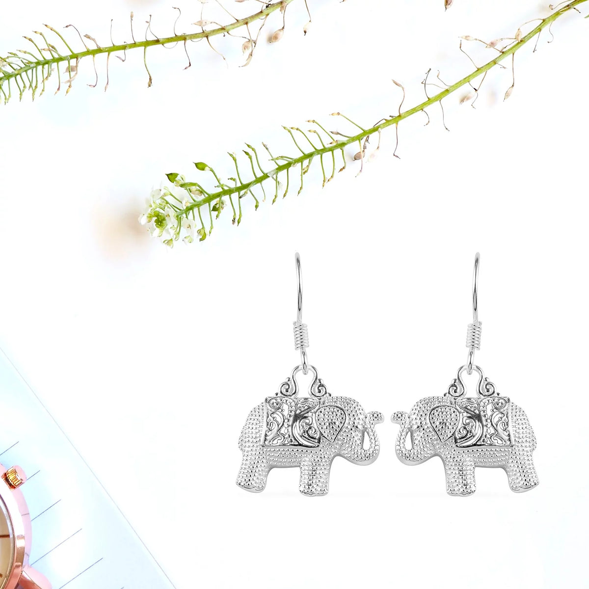 Sterling Silver Elephant Dangle Earrings S652