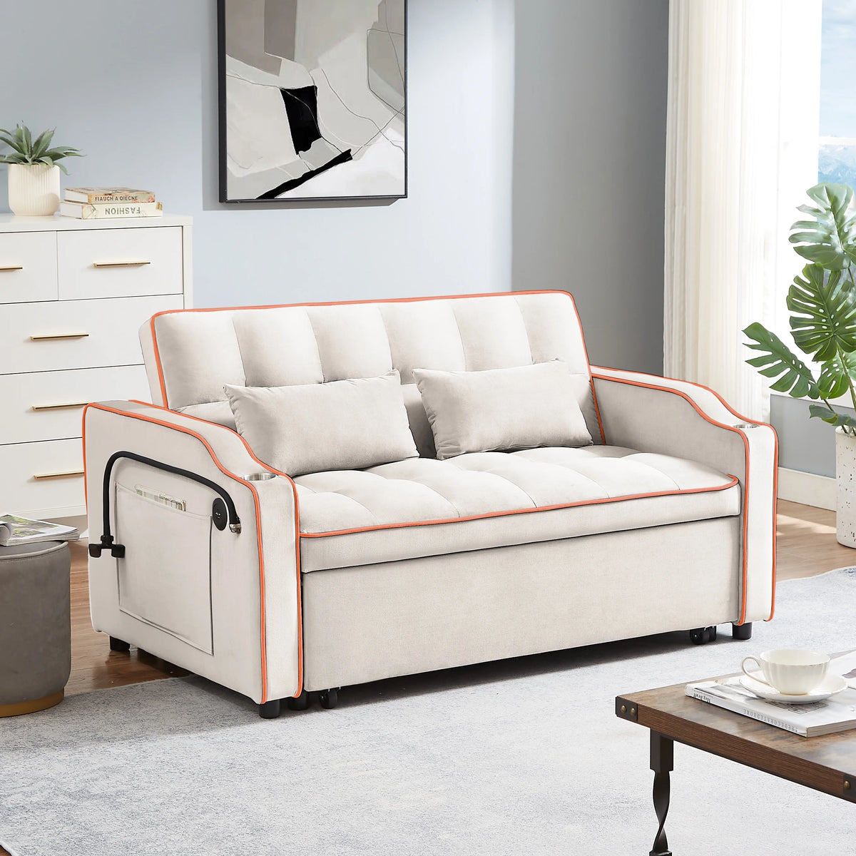 Beige Velvet 2 Seater Pull Out Sofa Bed with USB Port and Cup Holders S600