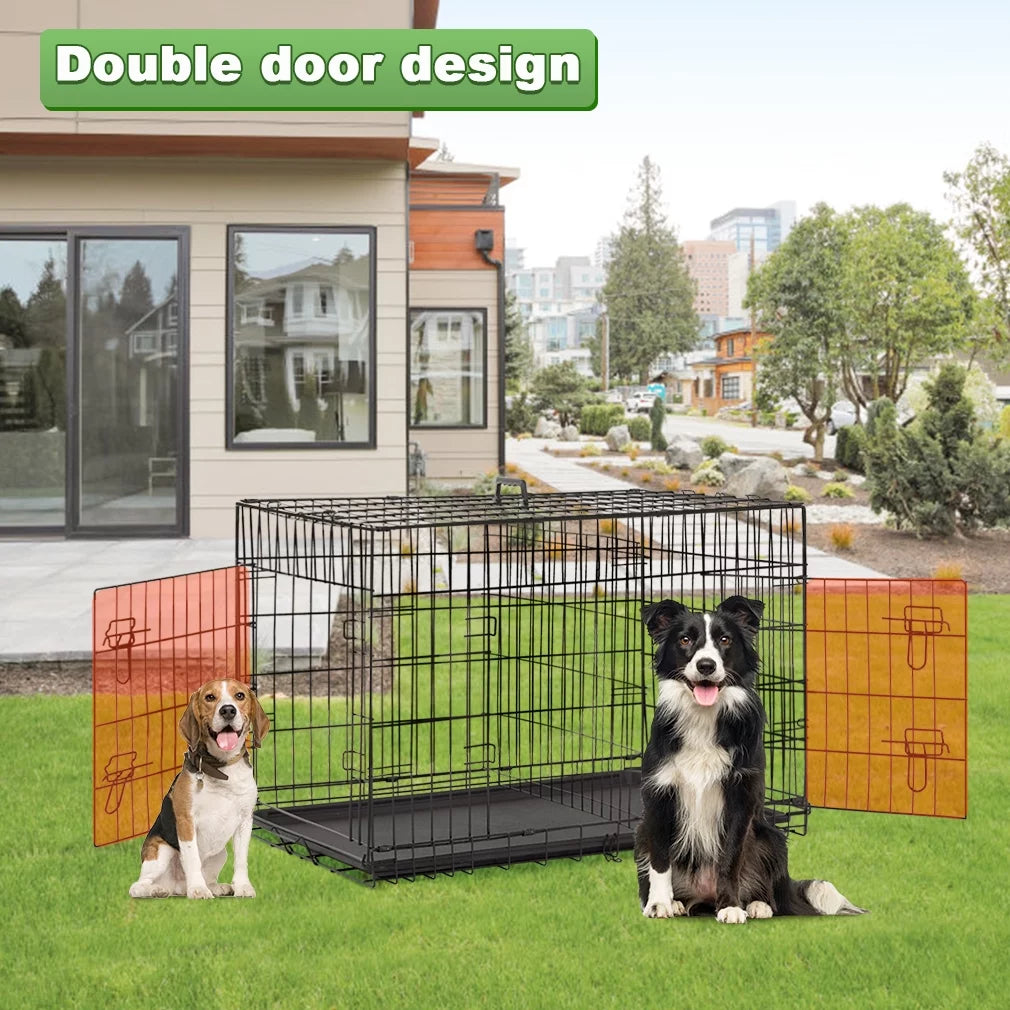 Double-Door Metal Dog Crate with Divider and Tray D98756