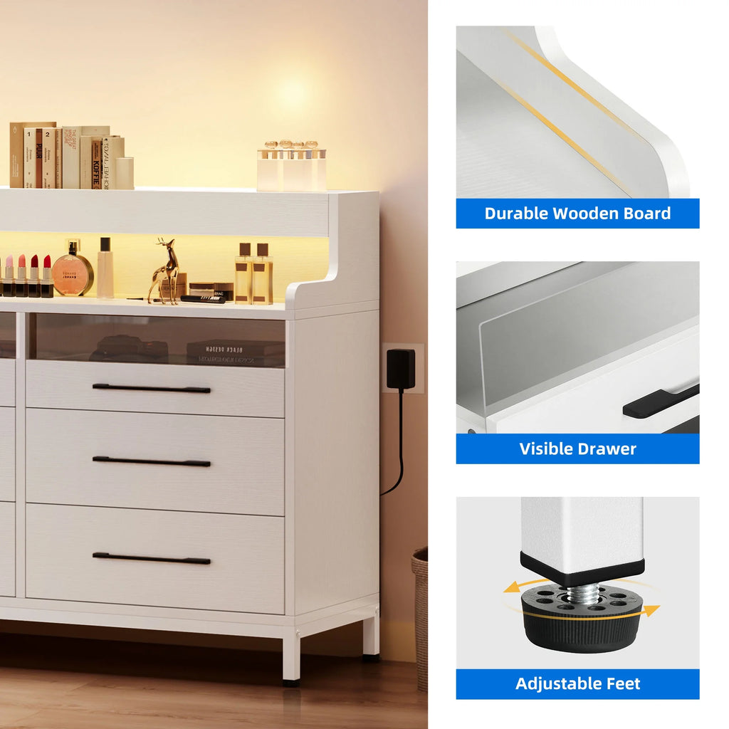 Black 6 Drawer Dresser with LED Light and Open Storage W5696