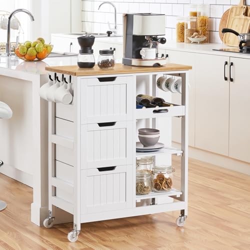 White Kitchen Island Cart on Wheels with Bamboo Countertop S846