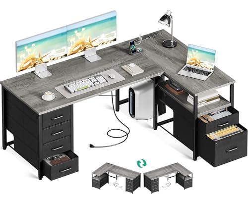 L Shaped Computer Desk with 6 Drawers & Power Outlet, 55 Inch Grey Oak K443
