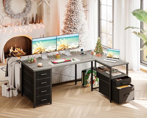 L Shaped Computer Desk with 6 Drawers & Power Outlet, 55 Inch Grey Oak K443
