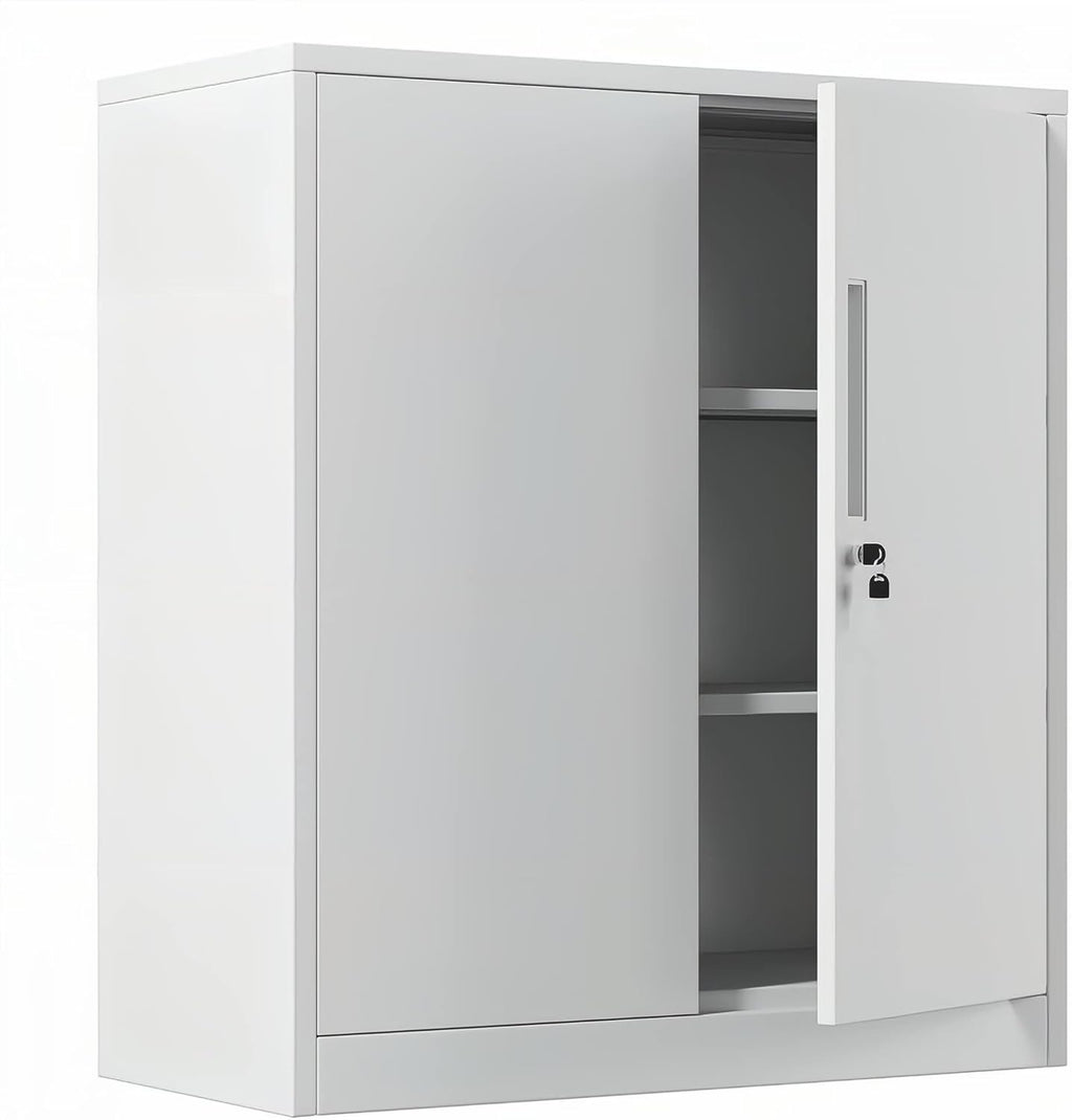 White Metal Storage Cabinet with Locking Doors and 2 Adjustable Shelves O1776