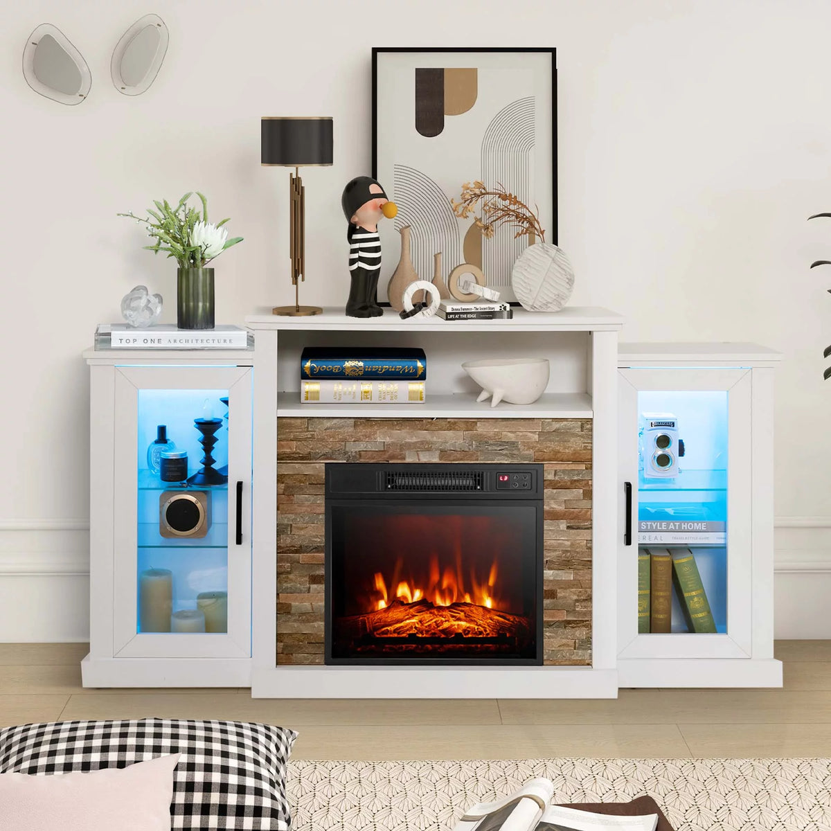 White Fireplace TV Stand with LED Lights & 18'' Electric Fireplace W628453