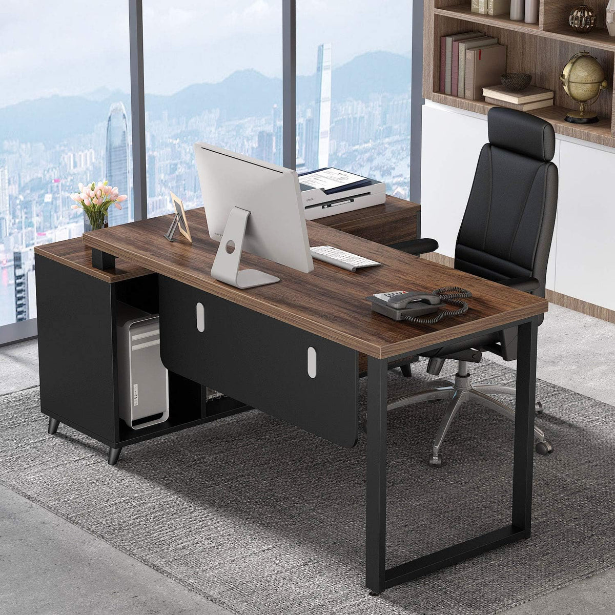55 Inch L-Shaped Computer Desk with Drawers and File Cabinet G76220