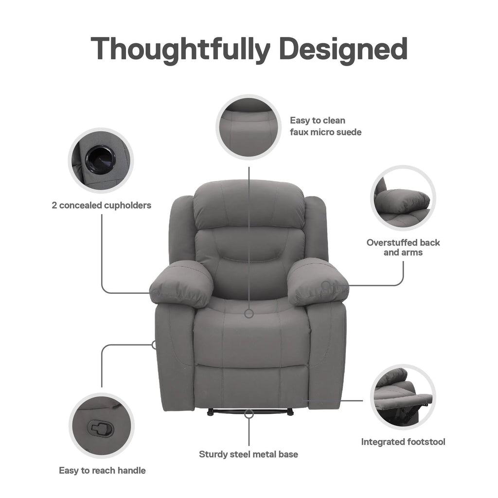 Gray Faux Microsuede Recliner with Cupholder V2237