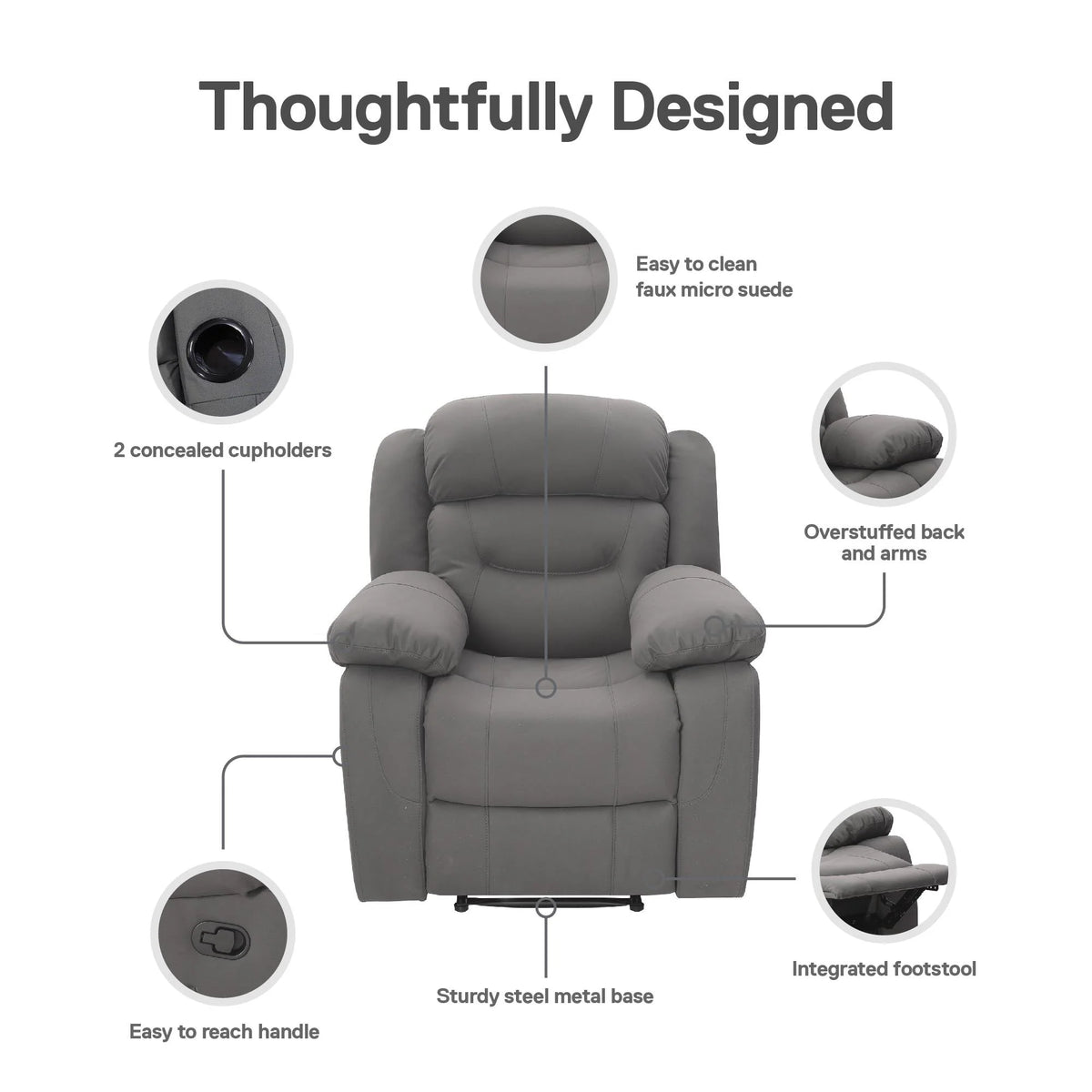 Gray Faux Microsuede Recliner with Cupholder V2237