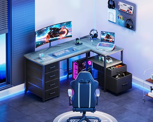 L Shaped Computer Desk with 6 Drawers & Power Outlet, 55 Inch Grey Oak K443
