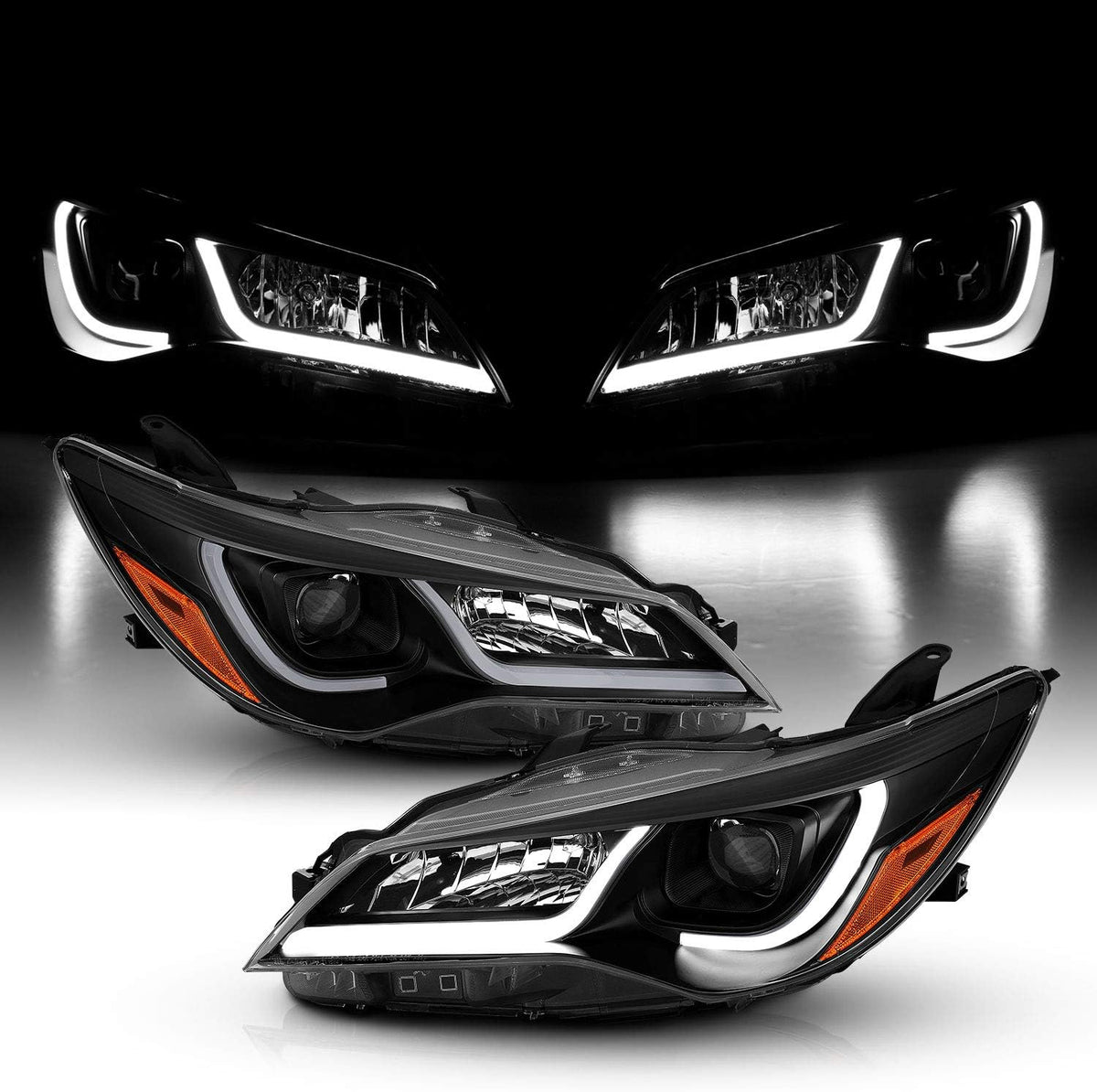 Black LED Tube Projector Headlights Assembly Pair L8893