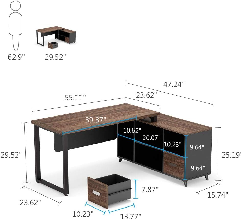 55 Inch L-Shaped Computer Desk with Drawers and File Cabinet G76220