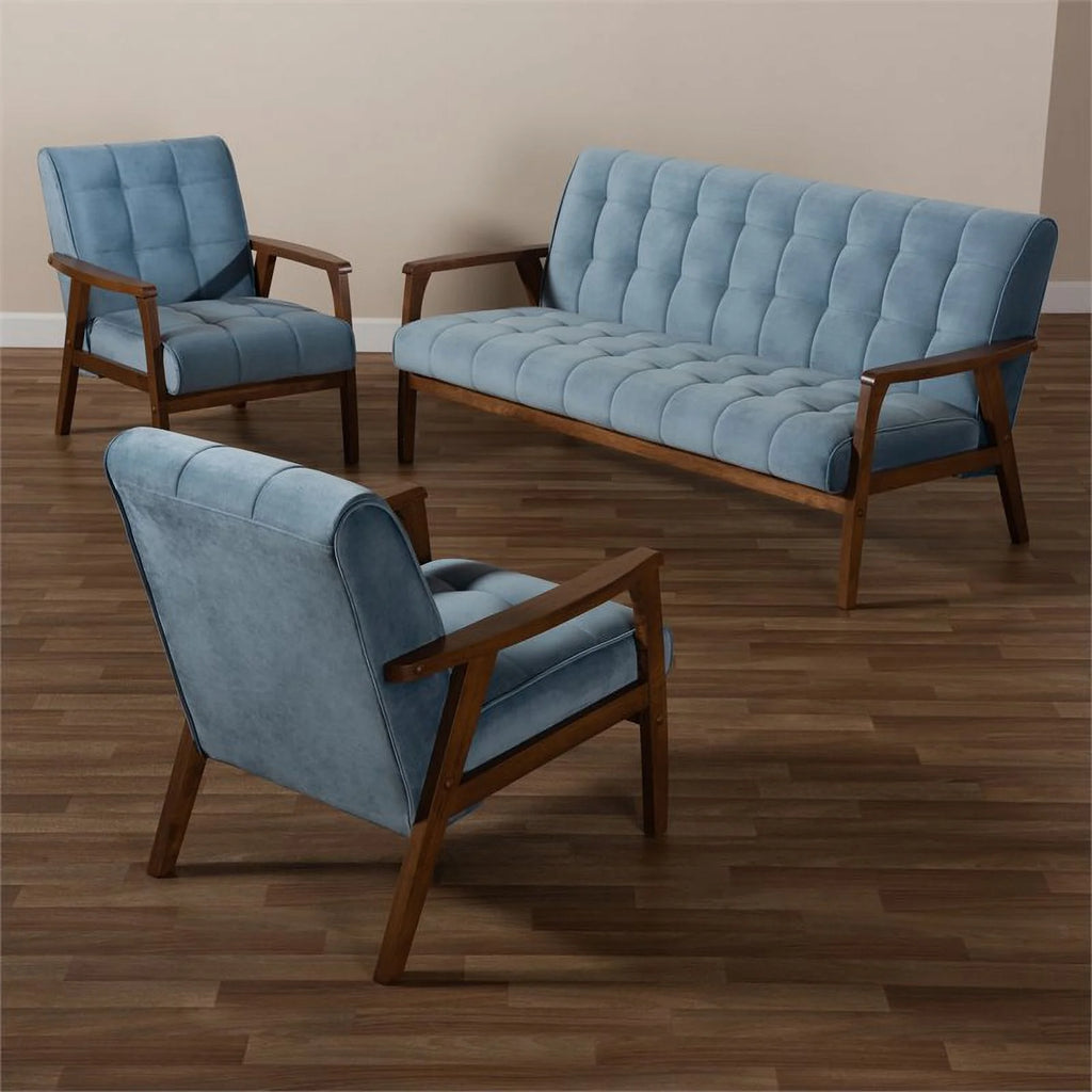Light Blue Velvet Upholstered Wood 3-Piece Living Room Set C9299