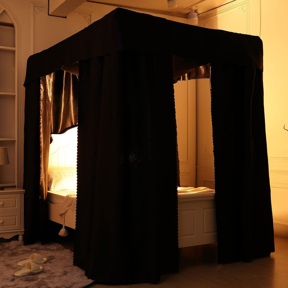 Black 100% Lightproof 4 Corner Post Bed Curtain Canopy (King) L290