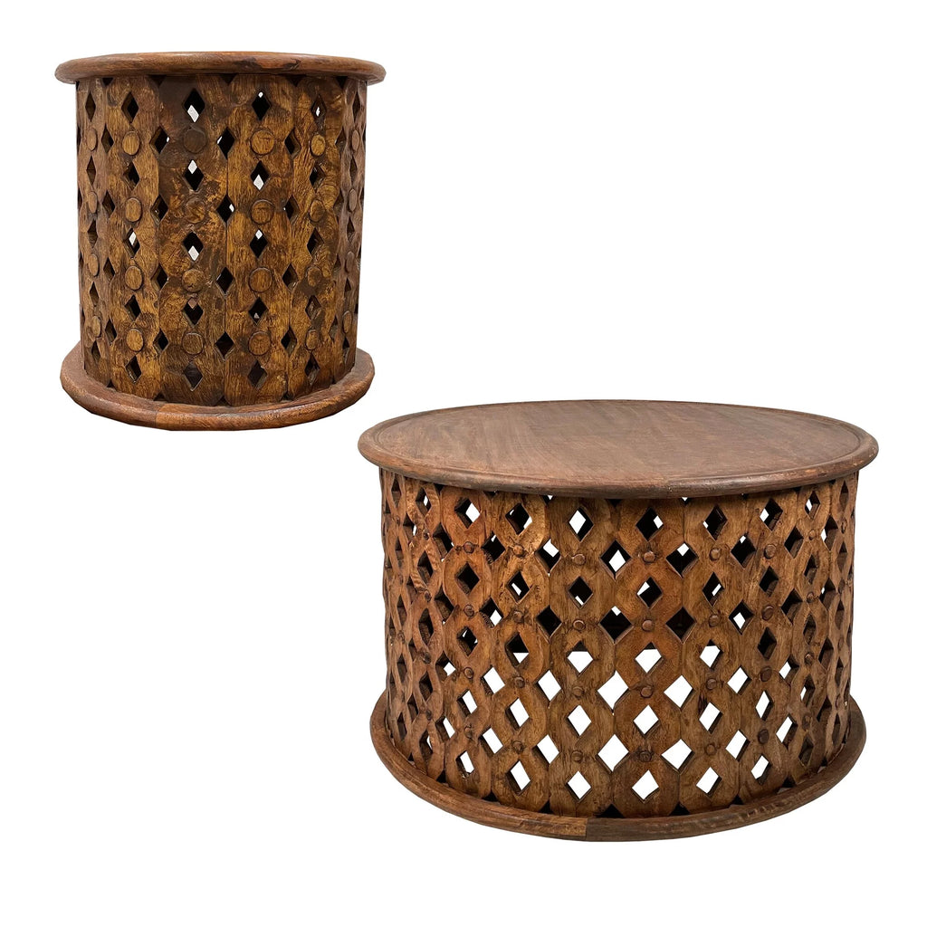 17 Inch 2 Piece Mango Wood Round Coffee Table and Side End Table Set D3572