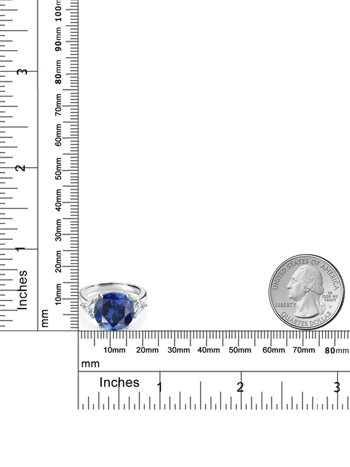 925 Sterling Silver Blue Simulated Sapphire and White Moissanite 3-Stone Ring B530