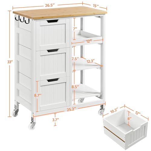 White Kitchen Island Cart on Wheels with Bamboo Countertop S846
