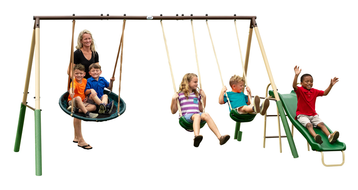 Steel Swing Set with Disc Swing, Swing Seats, Wave Slide A34232