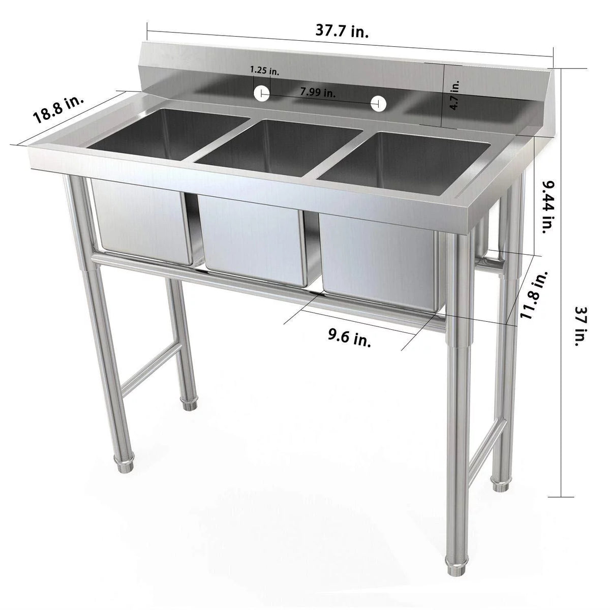 39" 3 Compartment Stainless Steel Sink E52239