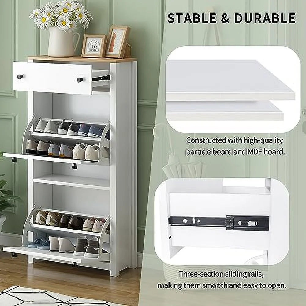 White Slim Shoe Cabinet with 2 Flip Drawers U810454