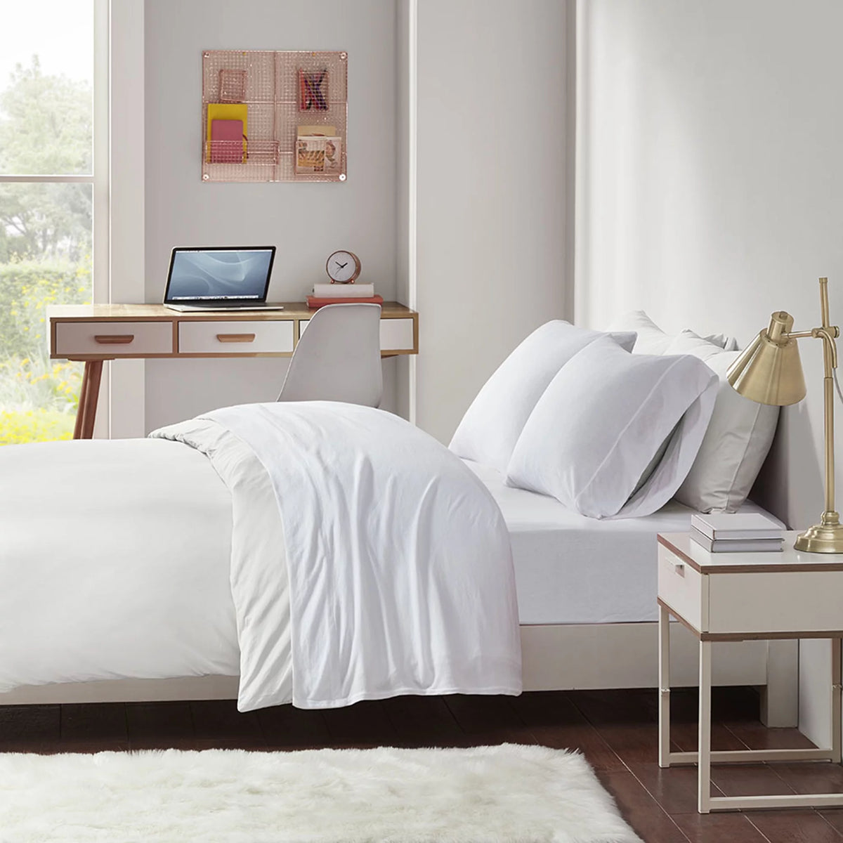 Cotton Blend Jersey Knit 4 Piece White Queen Sheet Set K4938
