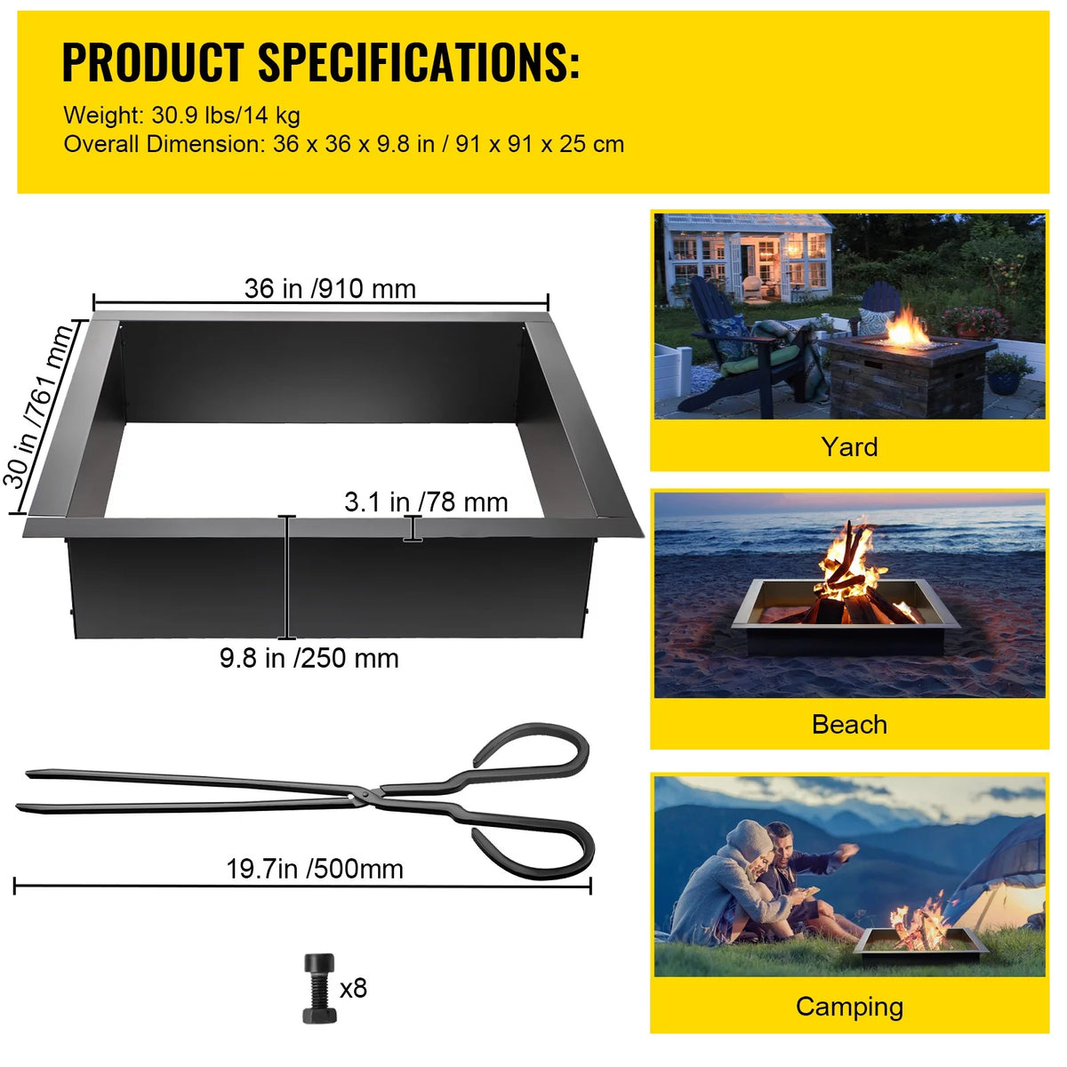 30" Square Heavy Duty Steel Fire Pit Ring C110