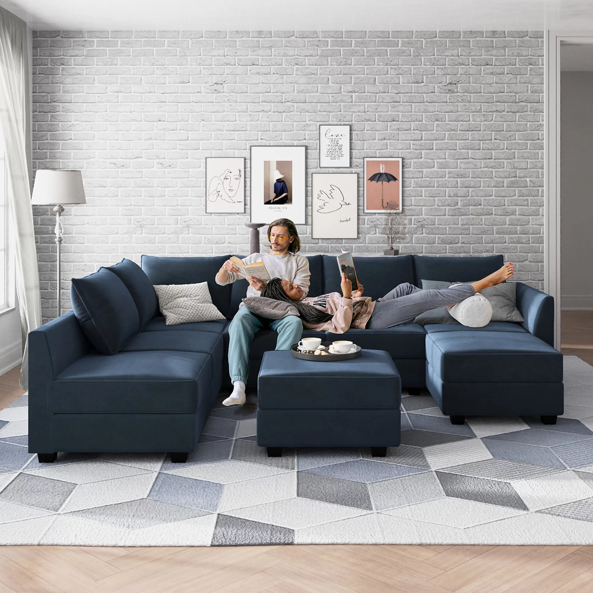 Dark Blue Velvet U Shaped Modular Sectional Sofa with Reversible Chaise C76878