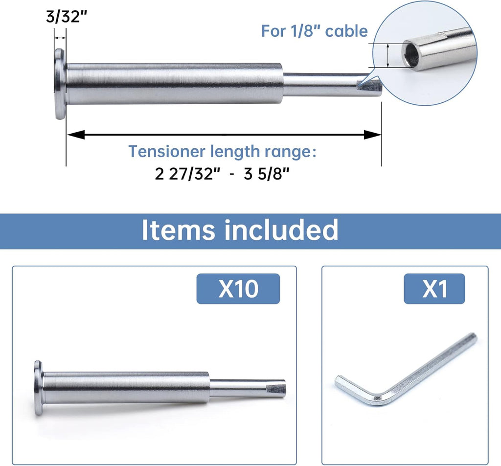 10Pack Cable Railing Kit Invisible 1/8" T316 Stainless Steel Swage Tensioner for Wood Metal Post Deck Stairs C30280