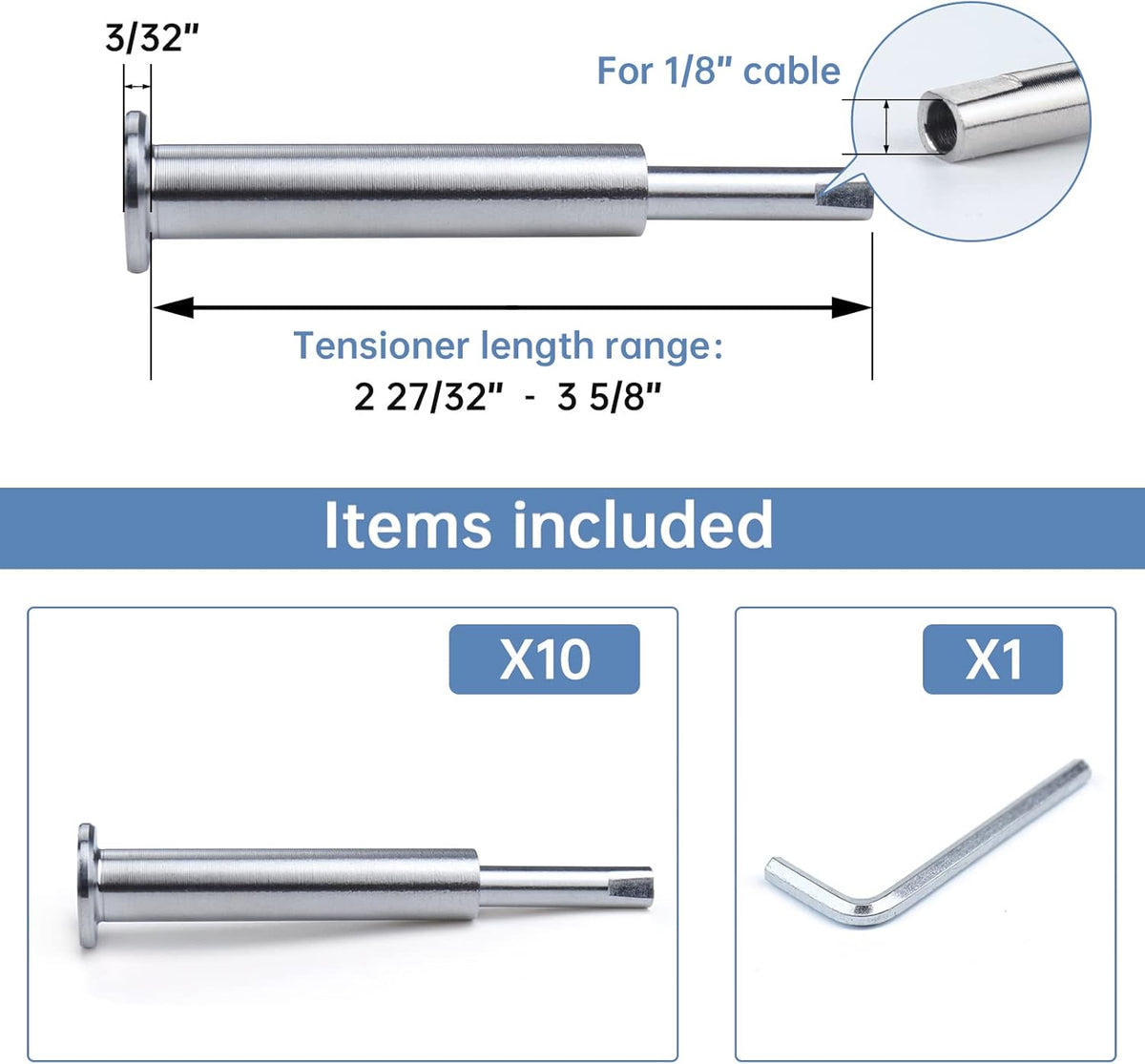10Pack Cable Railing Kit Invisible 1/8" T316 Stainless Steel Swage Tensioner for Wood Metal Post Deck Stairs C30280