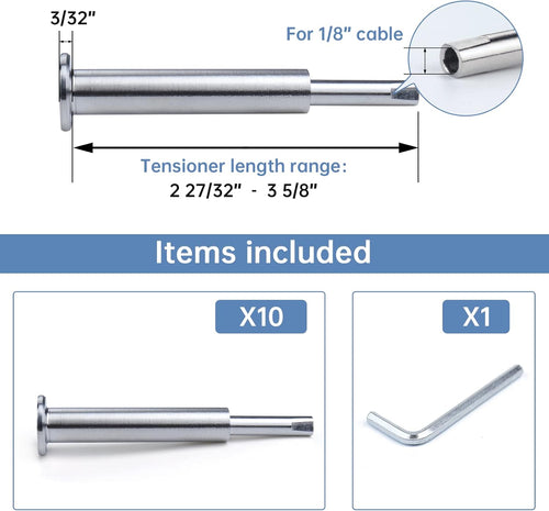 10Pack Cable Railing Kit Invisible 1/8" T316 Stainless Steel Swage Tensioner for Wood Metal Post Deck Stairs C30280