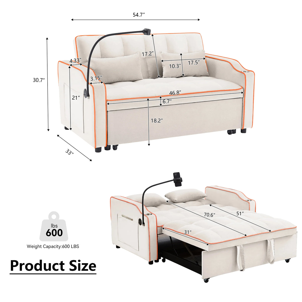 Beige Velvet 2 Seater Pull Out Sofa Bed with USB Port and Cup Holders S600