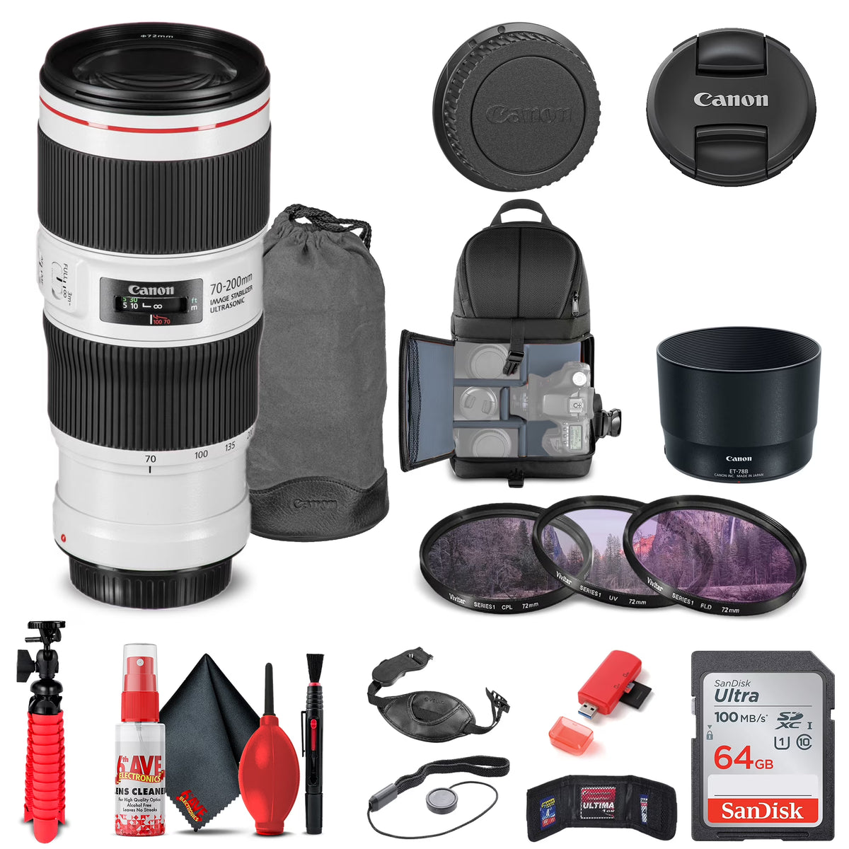 Canon EF 70-200mm f/4L IS II USM Lens with Filter Kit and BackPack I41175