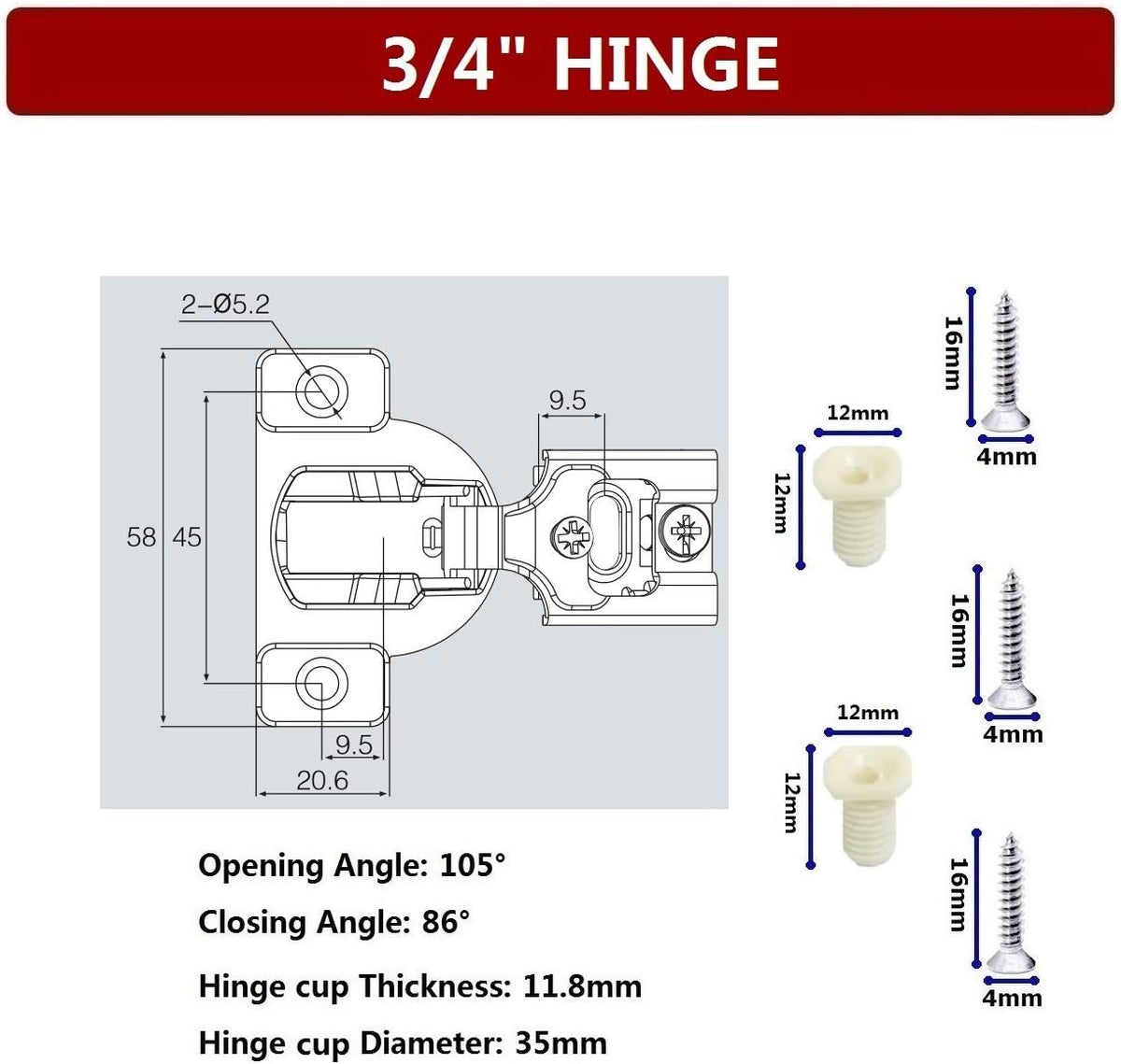 Compact Kitchen Cabinet Hinge (1/2 Overlay, 50 Pack) O269