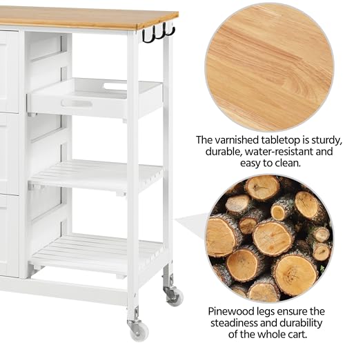 White Kitchen Island Cart on Wheels with Bamboo Countertop S846