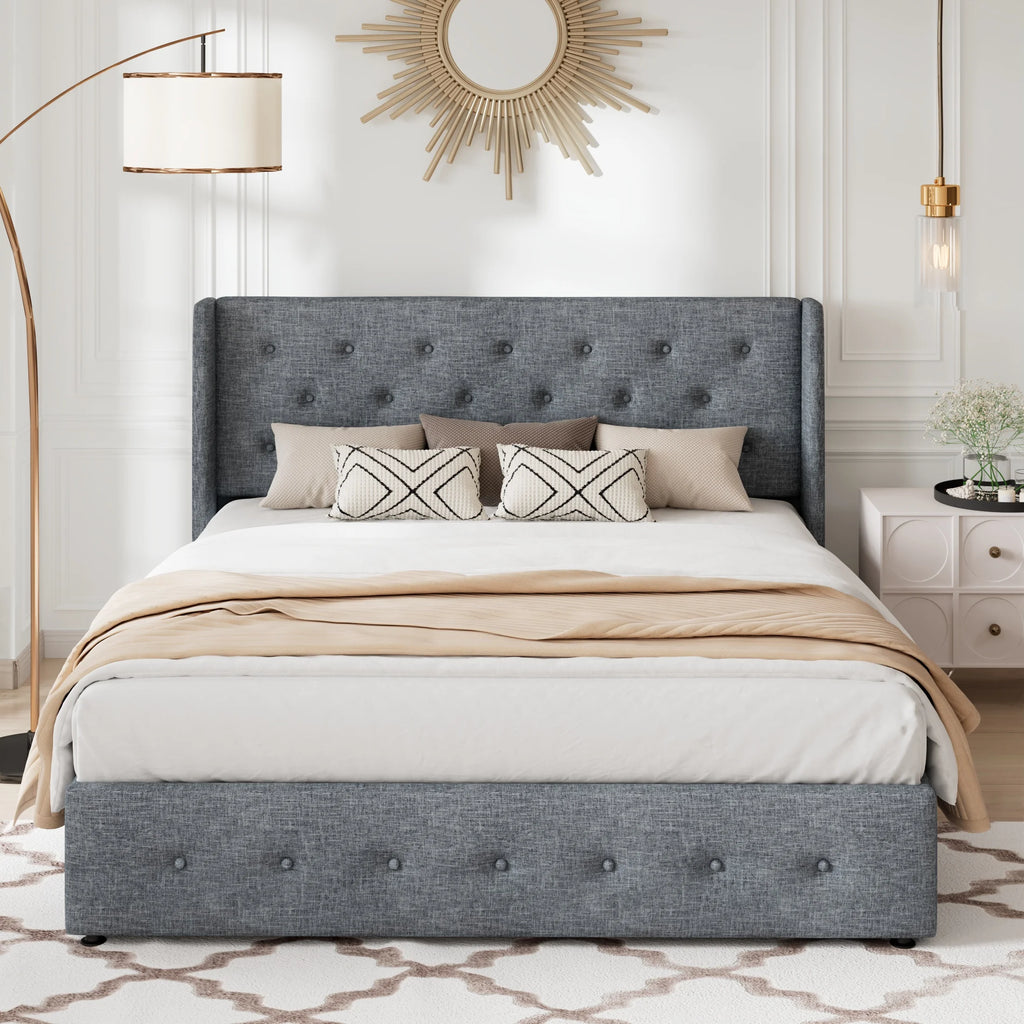 Queen Size Lift Up Storage Bed Frame with Wingback Headboard A7048