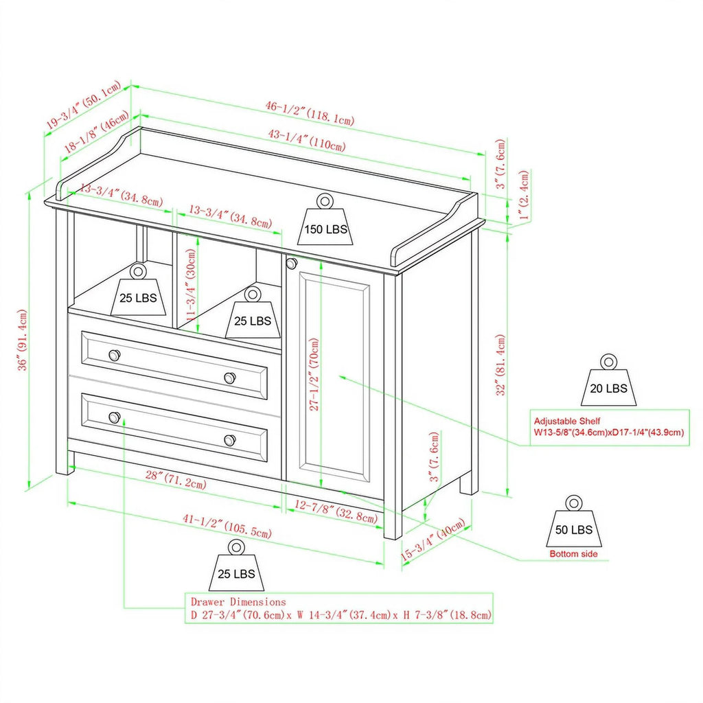46" 2-Drawer 1-Cabinet Children's Wood Dresser J63596