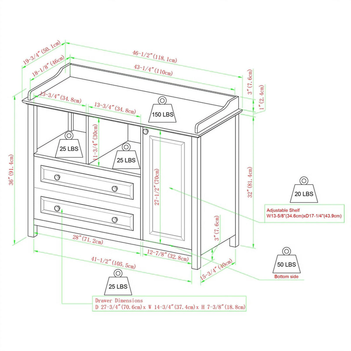 46" 2-Drawer 1-Cabinet Children's Wood Dresser J63596