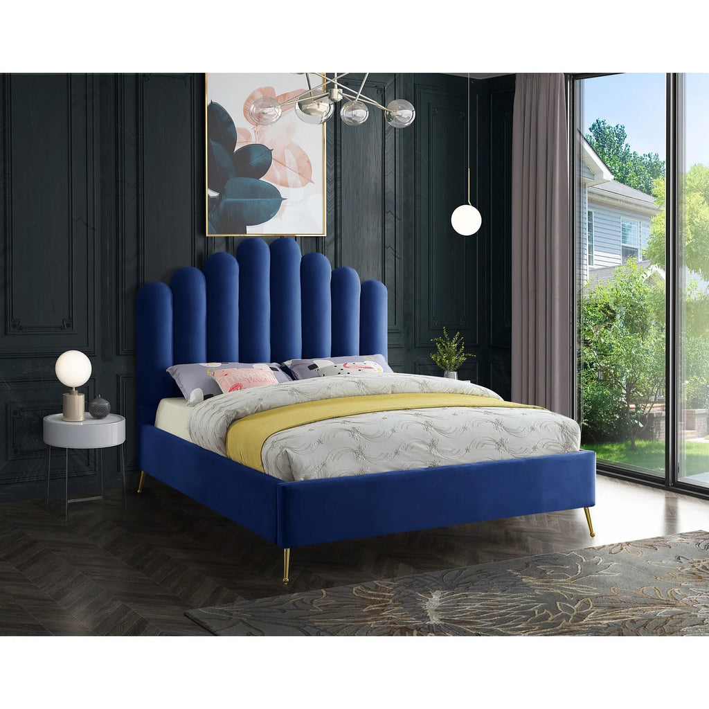 Velvet Upholstered Platform Bed with Gold Steel Legs A9610