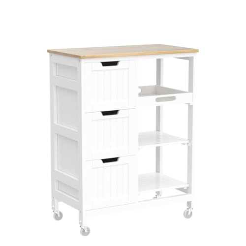 White Kitchen Island Cart on Wheels with Bamboo Countertop S846