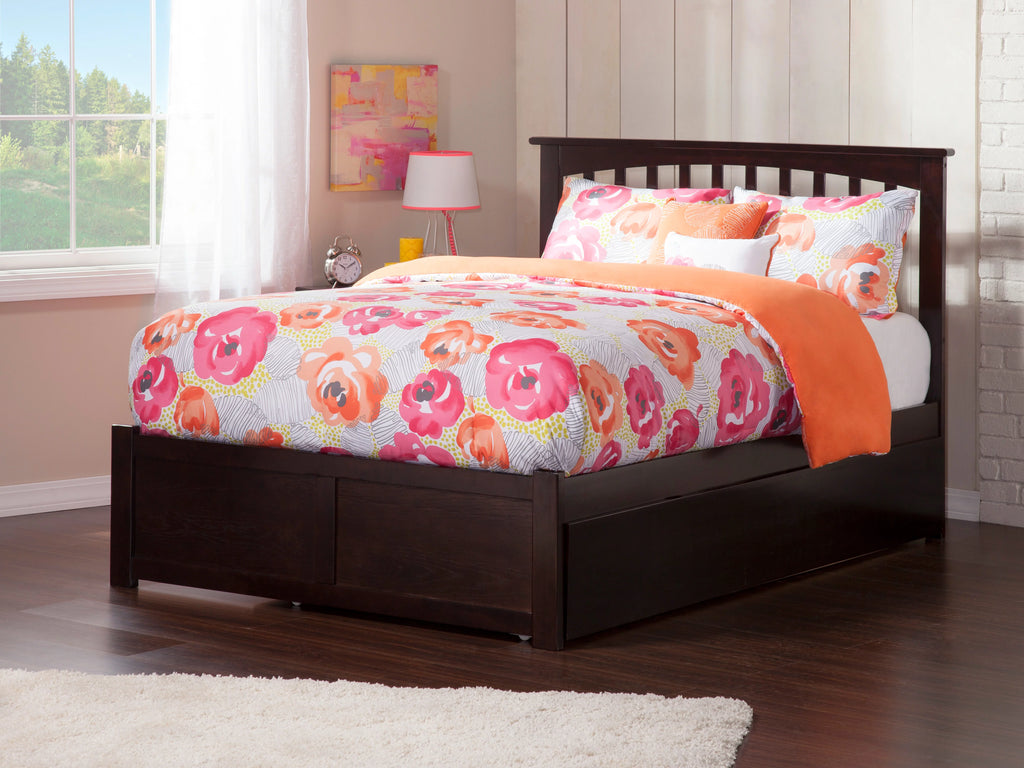 Espresso King Solid Wood Platform Bed with Footboard and Twin XL Trundle X2239