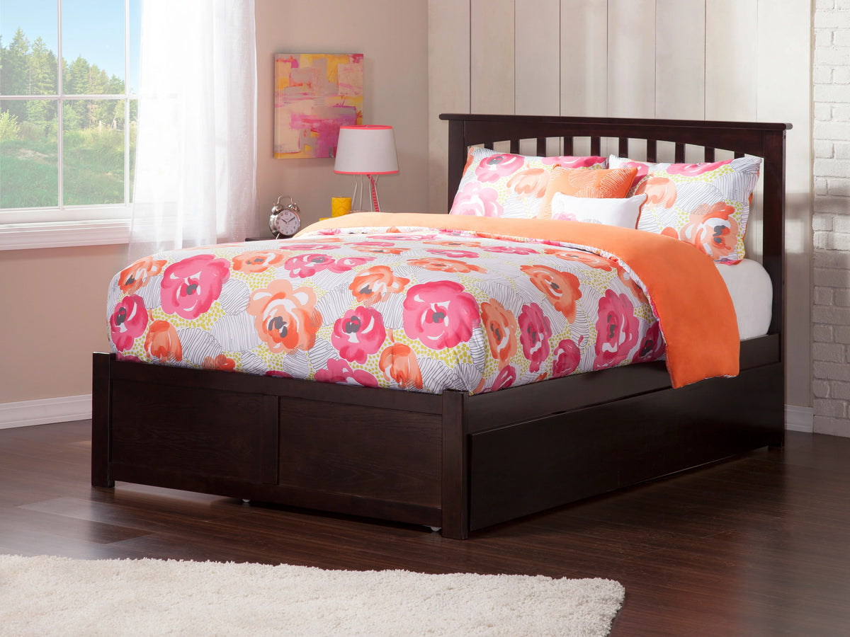 Espresso King Solid Wood Platform Bed with Footboard and Twin XL Trundle X2239