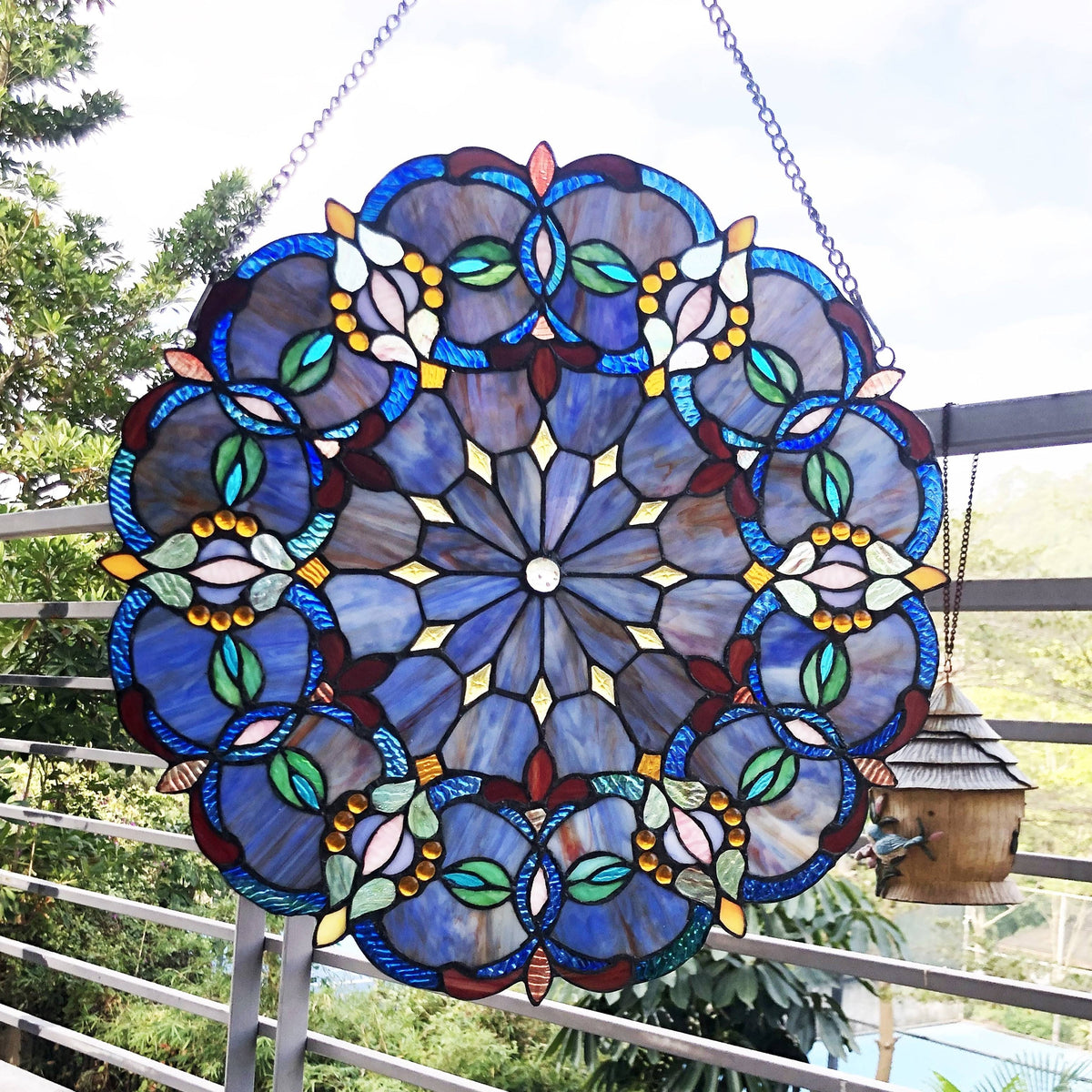 Blue Glass Window Panel Suncatcher with Multicolored Accents S79763