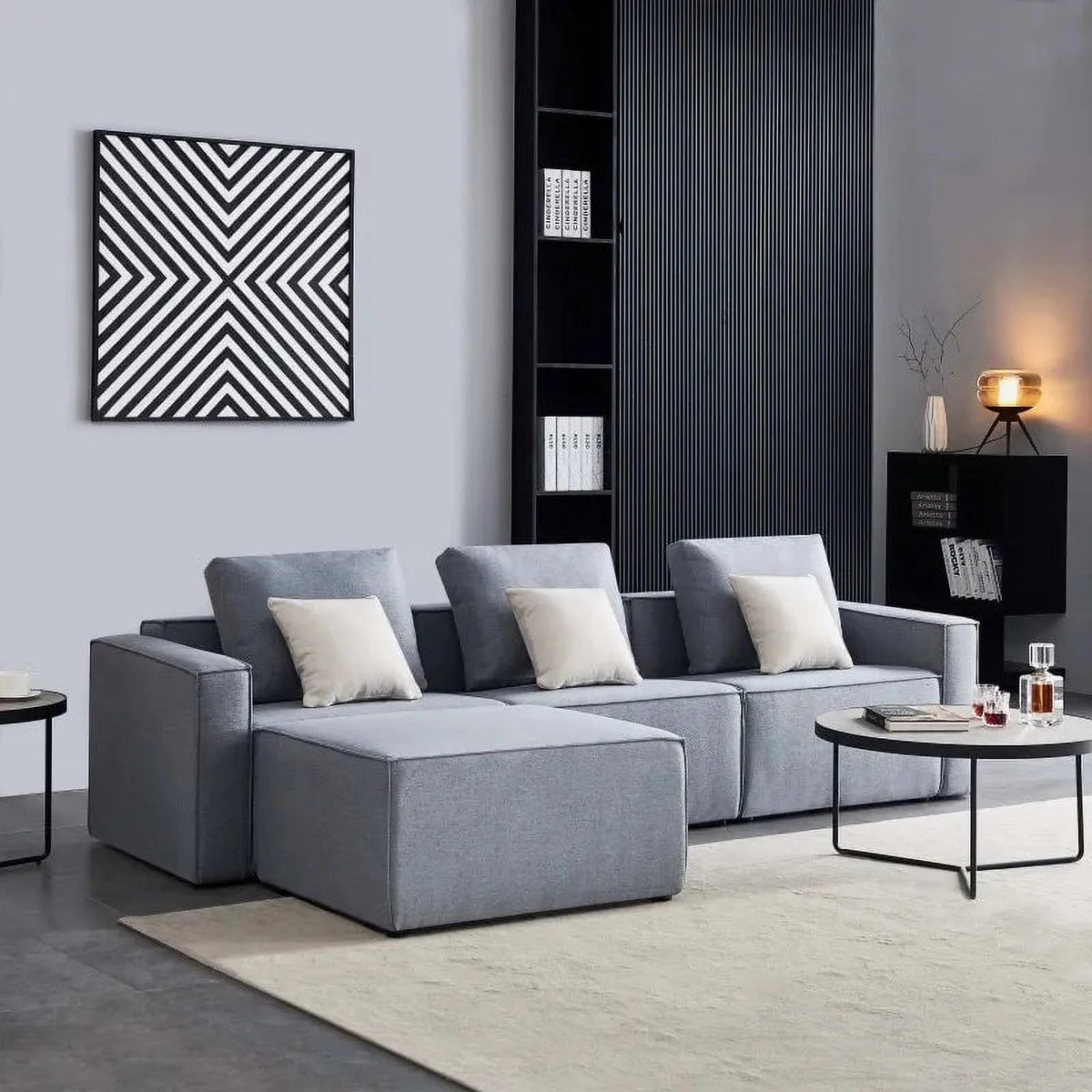 L-Shape Linen Sectional Sofa with Ottoman T59421