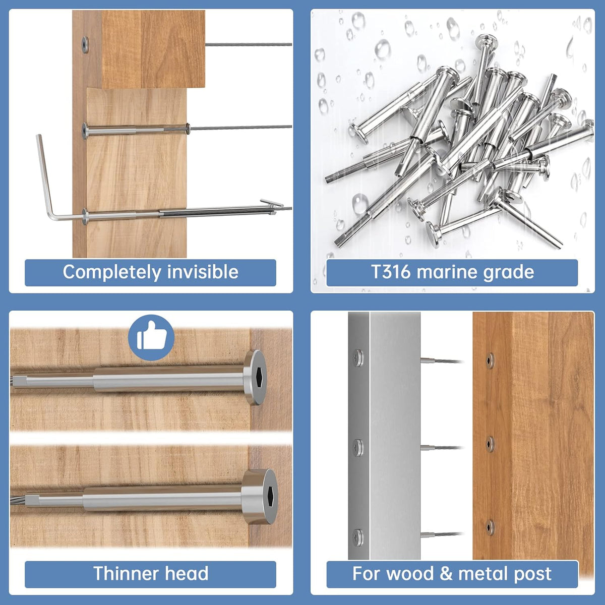 10Pack Cable Railing Kit Invisible 1/8" T316 Stainless Steel Swage Tensioner for Wood Metal Post Deck Stairs C30280